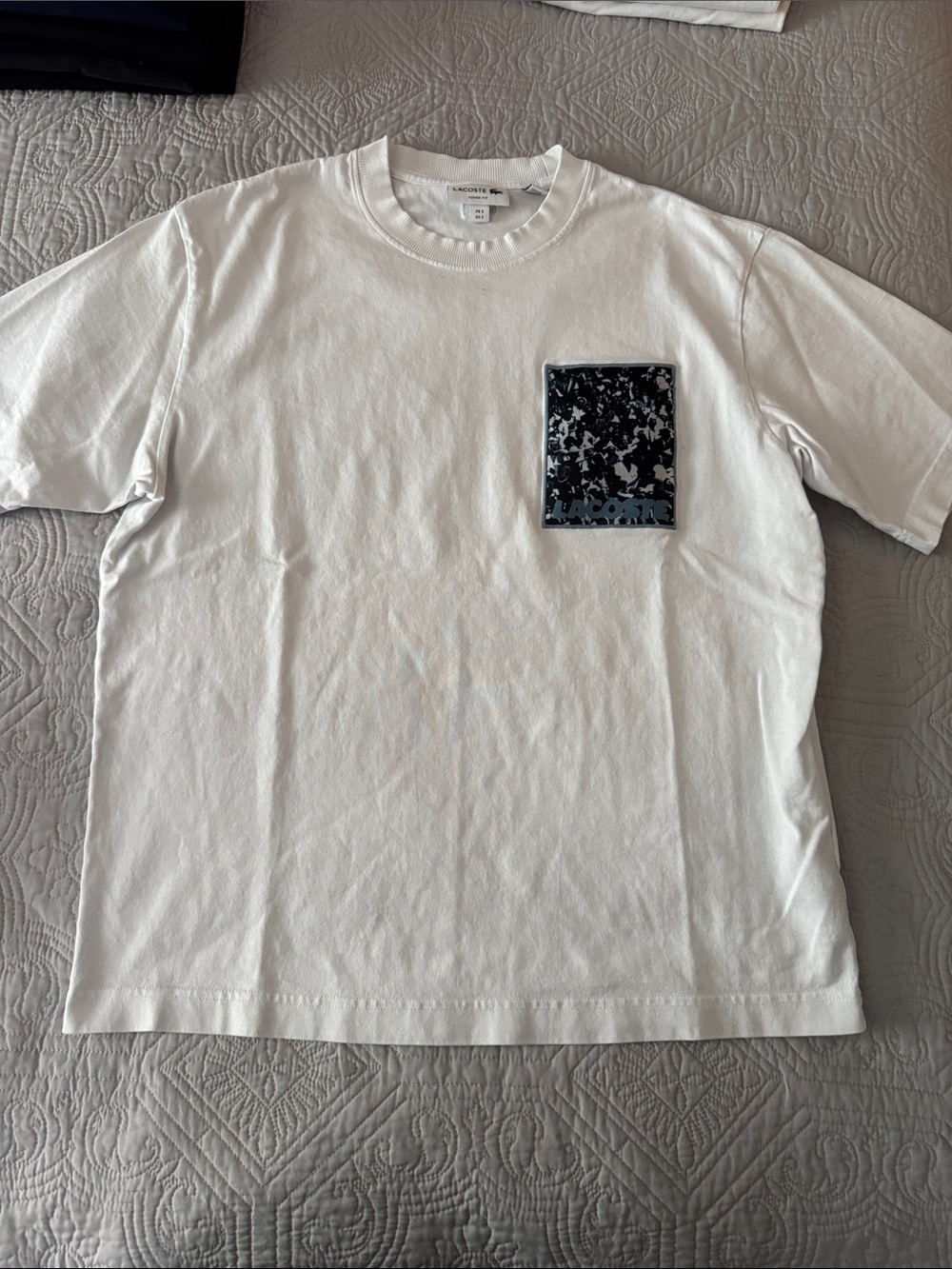 Lacoste White Short Sleeve Tee with Black Patterned Chest Pocket